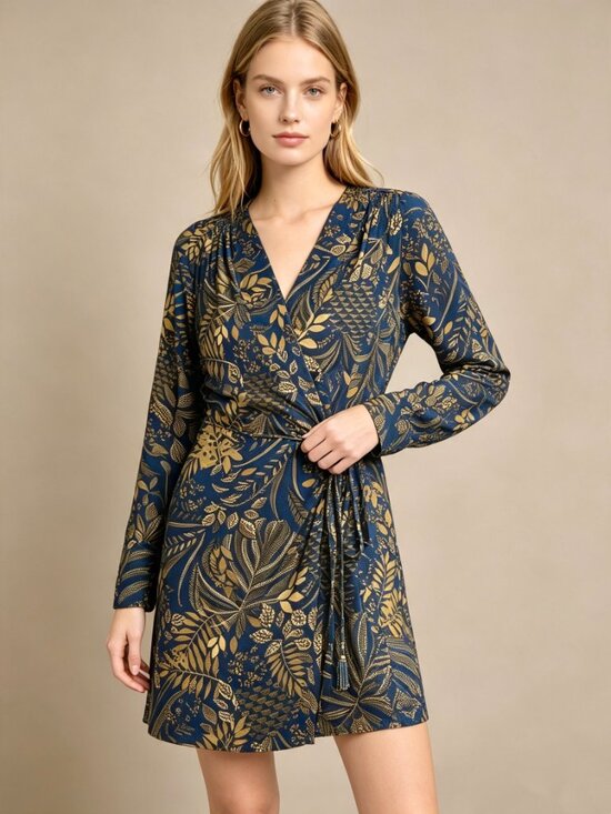 Farm Rio Dresses & Skirts - NWT Farm Rio Gold Blue Floral Forest Wrap Mini Dress Long Sleeve Size S